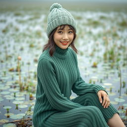 A beautiful Korean woman wearing a knitted green outfit and a knitted beanie hat, gracefully posing while facing the camera with a soft smile