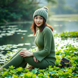 A beautiful Korean woman wearing a knitted green outfit and a knitted beanie hat, gracefully posing while facing the camera with a soft smile