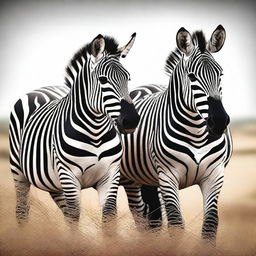 A vibrant, high-quality digital art image showcasing a zebra and a horse side by side in a serene environment