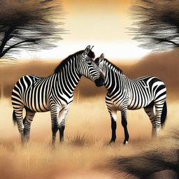 A tastefully executed digital art image showing a zebra and a horse in a natural setting