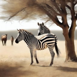 A tastefully executed digital art image showing a zebra and a horse in a natural setting