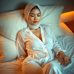 A young woman in a sheer white pajama, peacefully resting on a bed