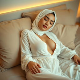 A young woman in a sheer white pajama, peacefully resting on a bed