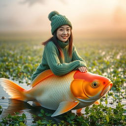 A beautiful Korean woman wearing a knitted green outfit and a knitted beanie, gracefully perched on the back of a large goldfish