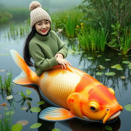 A beautiful Korean woman wearing a knitted green outfit and a knitted beanie, gracefully perched on the back of a large goldfish