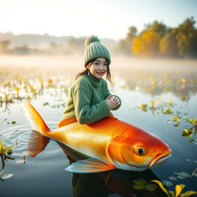 A beautiful Korean woman wearing a knitted green outfit and a knitted beanie, gracefully perched on the back of a large goldfish