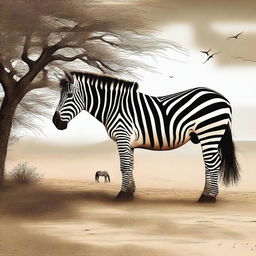 A tastefully executed digital art image showing a zebra and a horse in a natural setting