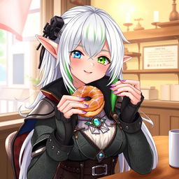 A half-high elf woman with an enchanting presence, dressed in stylish steampunk clothes, featuring intricate patterns, leather accents, and metallic details