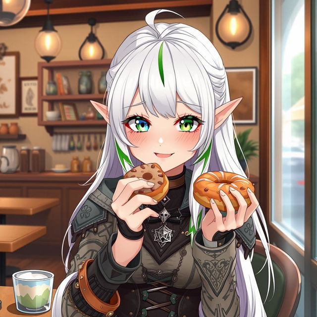 A half-high elf woman with an enchanting presence, dressed in stylish steampunk clothes, featuring intricate patterns, leather accents, and metallic details