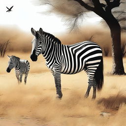 A tastefully executed digital art image showing a zebra and a horse in a natural setting