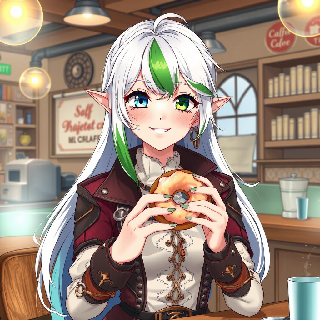 A half-high elf woman with an enchanting presence, dressed in stylish steampunk clothes, featuring intricate patterns, leather accents, and metallic details