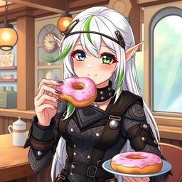 A half-high elf woman with an enchanting presence, dressed in stylish steampunk clothes, featuring intricate patterns, leather accents, and metallic details