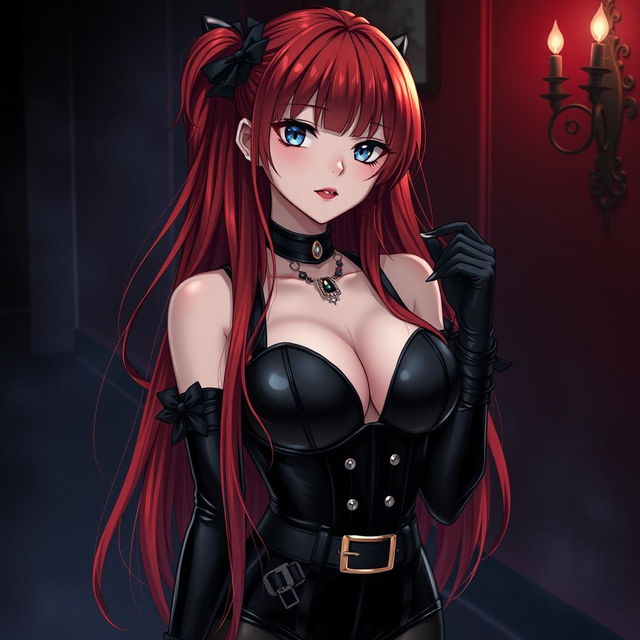 A seductive gothic anime girl with long, vibrant red hair cascading down her back, featuring a plush bosom that accentuates her striking appearance