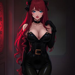 A seductive gothic anime girl with long, vibrant red hair cascading down her back, featuring a plush bosom that accentuates her striking appearance