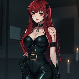 A seductive gothic anime girl with long, vibrant red hair cascading down her back, featuring a plush bosom that accentuates her striking appearance