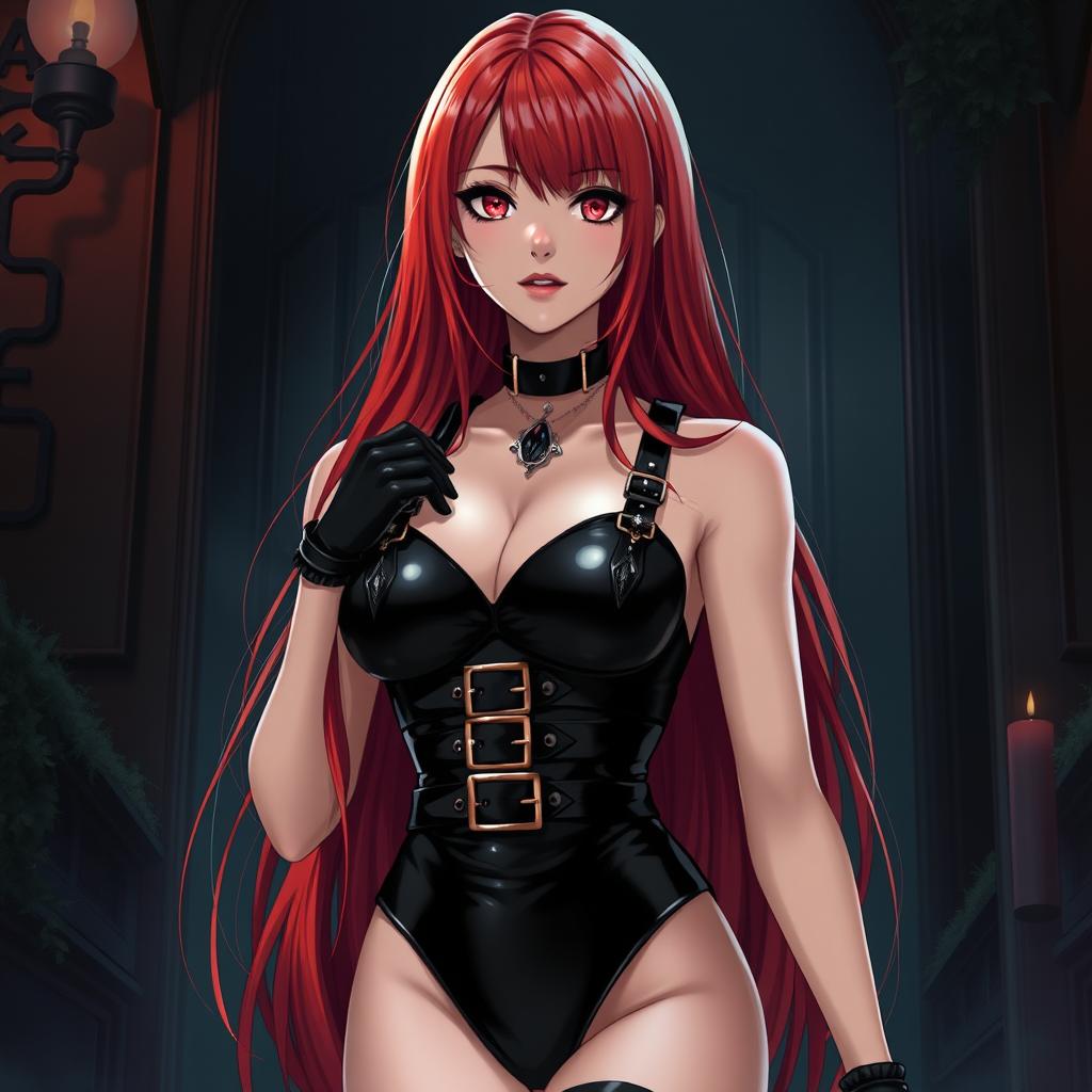 A seductive gothic anime girl with long, vibrant red hair cascading down her back, featuring a plush bosom that accentuates her striking appearance