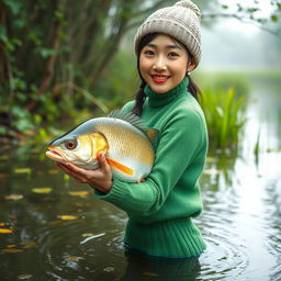 A beautiful Korean woman wearing a knitted green outfit and a knitted beanie hat, gracefully posing while catching a large Gurami fish