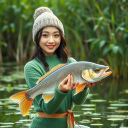 A beautiful Korean woman wearing a knitted green outfit and a knitted beanie hat, gracefully posing while catching a large Gurami fish