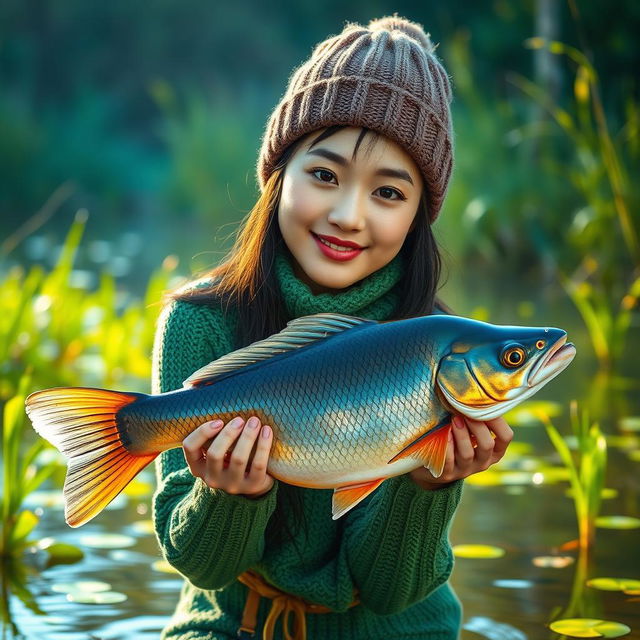 A beautiful Korean woman wearing a knitted green outfit and a knitted beanie hat, gracefully posing while catching a large Gurami fish