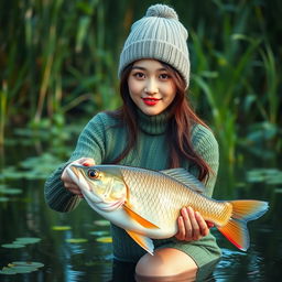 A beautiful Korean woman wearing a knitted green outfit and a knitted beanie hat, gracefully posing while catching a large Gurami fish