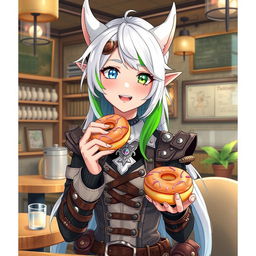 A half-high elf woman with a whimsical and captivating presence, dressed in stylish steampunk clothes featuring intricate designs and leather accents