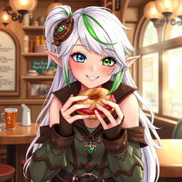 A half-high elf woman with a whimsical and captivating presence, dressed in stylish steampunk clothes featuring intricate designs and leather accents
