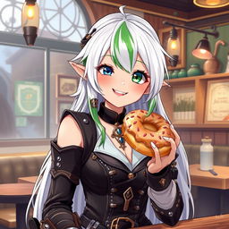 A half-high elf woman with a whimsical and captivating presence, dressed in stylish steampunk clothes featuring intricate designs and leather accents