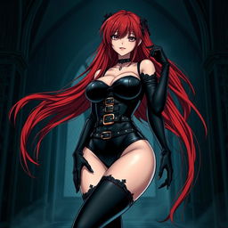A sexy gothic anime girl with long, flowing red hair, showcasing her large figure in a form-fitting black latex bodysuit