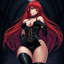 A sexy gothic anime girl with long, flowing red hair, showcasing her large figure in a form-fitting black latex bodysuit
