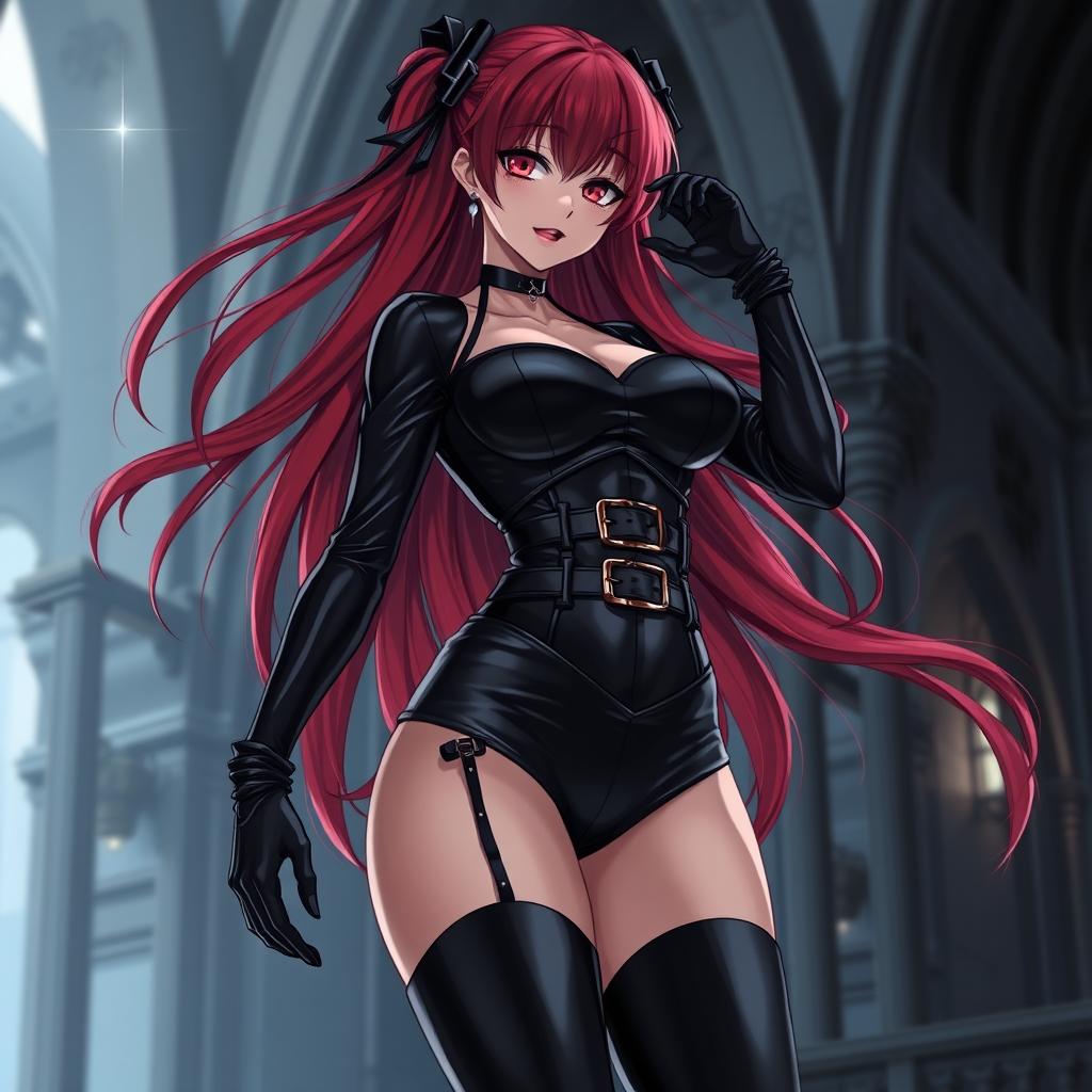 A sexy gothic anime girl with long, flowing red hair, showcasing her large figure in a form-fitting black latex bodysuit