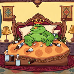 A whimsical and colorful vector illustration of King Wart, also known as Mamu, sleeping on a large, ornate bed