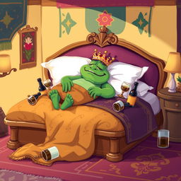 A whimsical and colorful vector illustration of King Wart, also known as Mamu, sleeping on a large, ornate bed