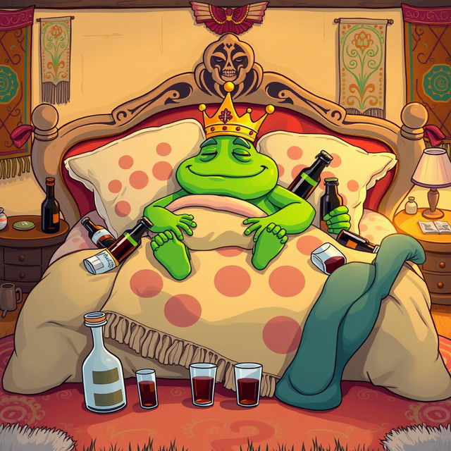 A whimsical and colorful vector illustration of King Wart, also known as Mamu, sleeping on a large, ornate bed