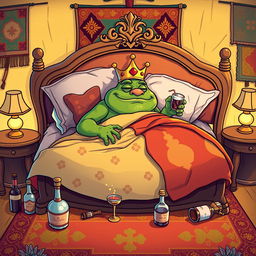 A whimsical and colorful vector illustration of King Wart, also known as Mamu, sleeping on a large, ornate bed