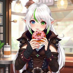 A demi-elf woman with a captivating and whimsical presence, dressed in stylish steampunk clothes featuring intricate designs, leather accents, and metallic embellishments
