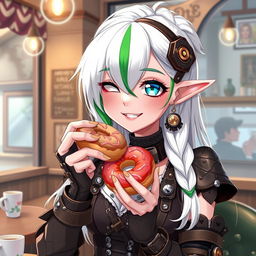 A demi-elf woman with a captivating and whimsical presence, dressed in stylish steampunk clothes featuring intricate designs, leather accents, and metallic embellishments