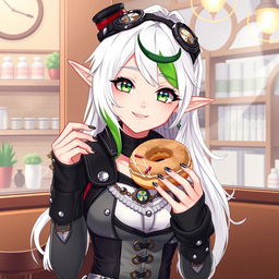 A demi-elf woman with a captivating and whimsical presence, dressed in stylish steampunk clothes featuring intricate designs, leather accents, and metallic embellishments