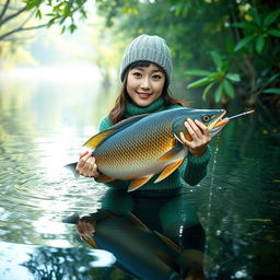 A beautiful Korean woman wearing a green knitted outfit and a knitted beanie, gracefully swimming and catching a large gourami fish
