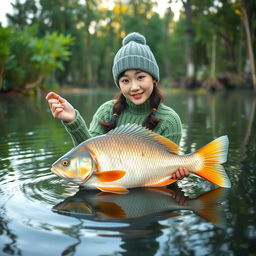 A beautiful Korean woman wearing a green knitted outfit and a knitted beanie, gracefully swimming and catching a large gourami fish