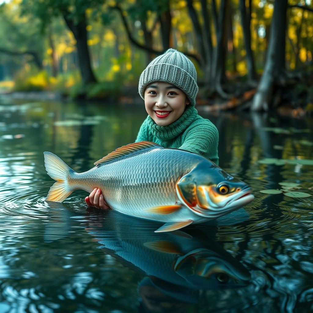 A beautiful Korean woman wearing a green knitted outfit and a knitted beanie, gracefully swimming and catching a large gourami fish