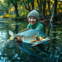 A beautiful Korean woman wearing a green knitted outfit and a knitted beanie, gracefully swimming and catching a large gourami fish