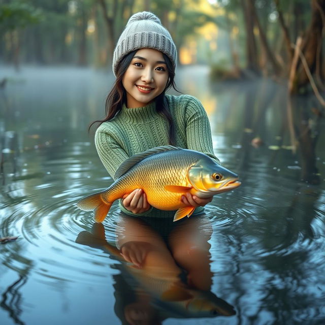 A beautiful Korean woman wearing a green knitted outfit and a knitted beanie, gracefully swimming and catching a large gourami fish