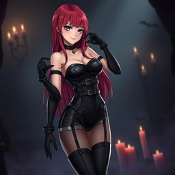 A sexy gothic anime girl with long red hair cascading down her shoulders, striking a confident pose