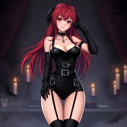A sexy gothic anime girl with long red hair cascading down her shoulders, striking a confident pose