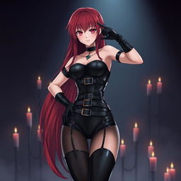 A sexy gothic anime girl with long red hair cascading down her shoulders, striking a confident pose