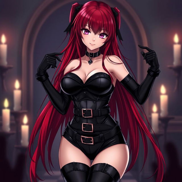 A sexy gothic anime girl with long red hair cascading down her shoulders, striking a confident pose