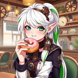 An elegant elf woman with a whimsical charm, adorned in stylish steampunk clothes featuring intricate designs, gears, and leather accents