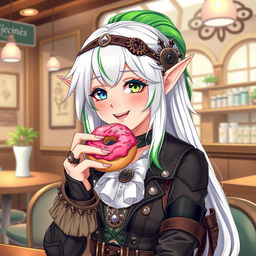 An elegant elf woman with a whimsical charm, adorned in stylish steampunk clothes featuring intricate designs, gears, and leather accents