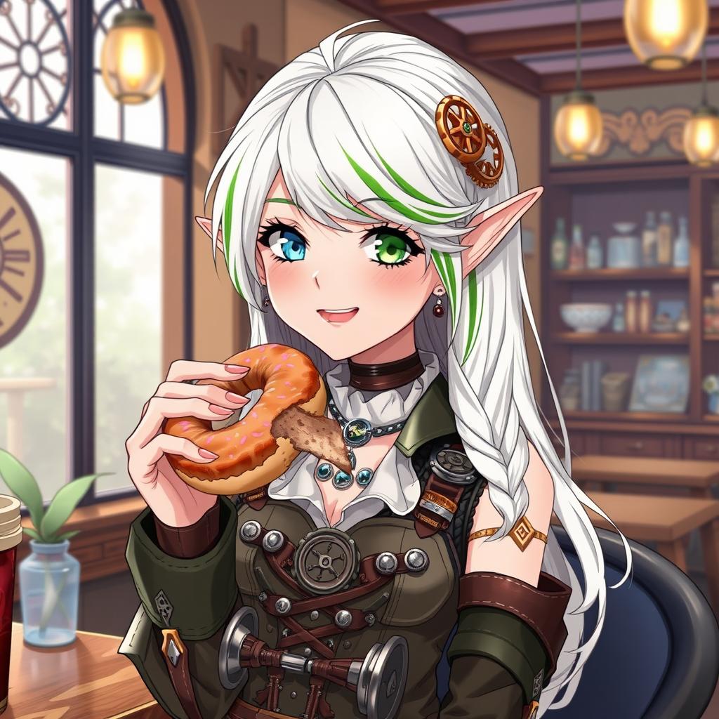 An elegant elf woman with a whimsical charm, adorned in stylish steampunk clothes featuring intricate designs, gears, and leather accents
