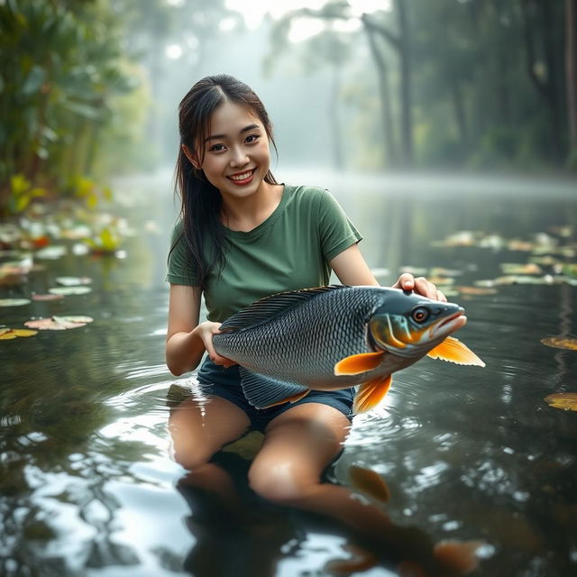 A beautiful Korean woman wearing a green t-shirt and black denim shorts is gracefully swimming and catching a large gourami fish